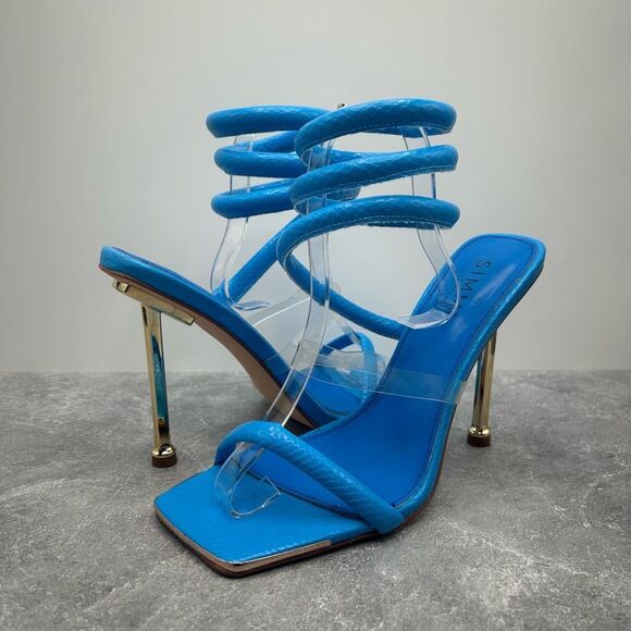 Simmi London Blue Eloise Wrap Ankle Gold Heel Sandal Size 6 Square Toe Stiletto - Picture 2 of 12